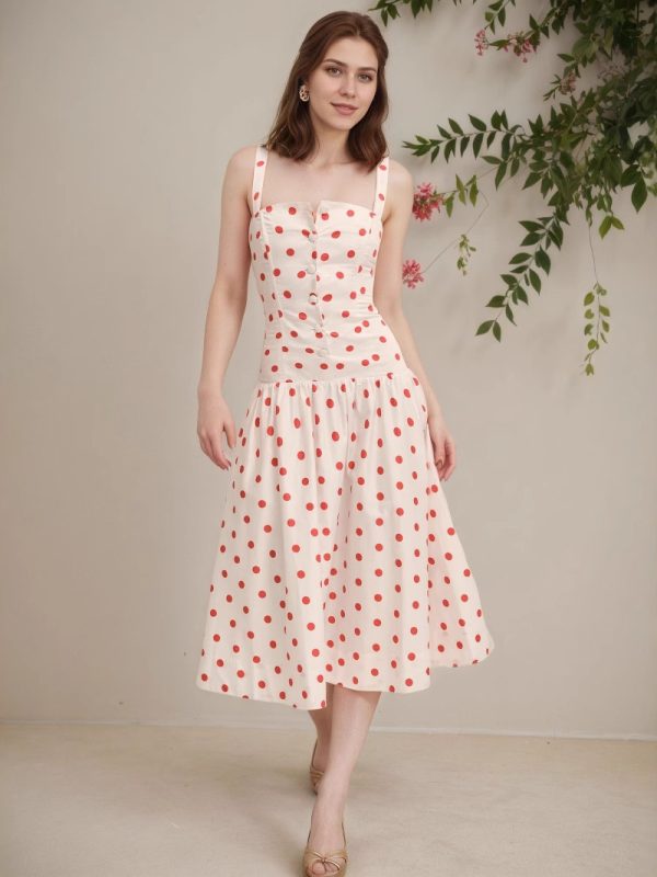 Elegant Figure-flattering Slip Dress With Polka Dots And A Cinched Waist