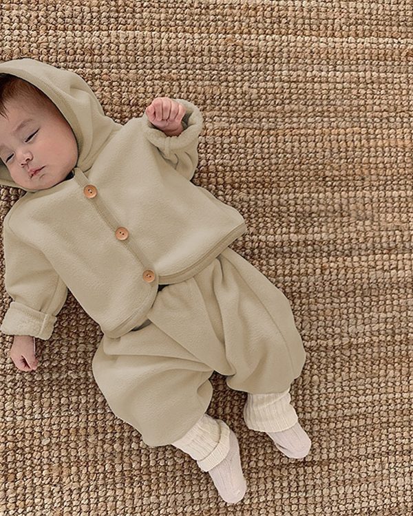 Baby Clothing Fur Lining Infant Suit Hoodies Coat Full Length Pants 2 Pcs