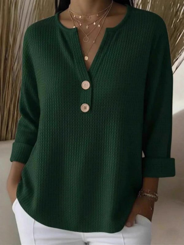 Womens Loose-fit Waffle-knit Long-sleeve V-neck Top