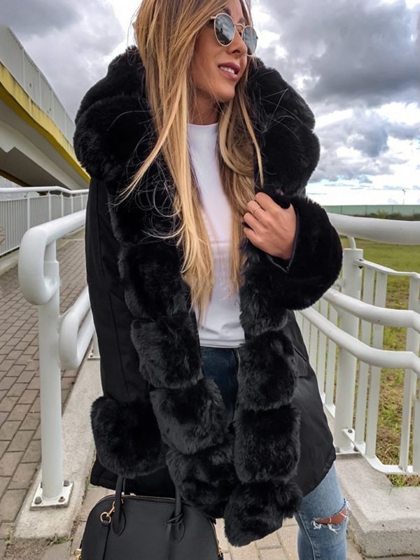 Women's Hooded Long-sleeve Warm Zippered Cotton Coat Solid Color Jacket With Removable Fur Collar