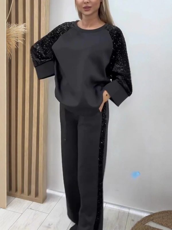 Sequined Patchwork Long-Sleeve Crew-Neck Sweatshirt And Sweatpants Set