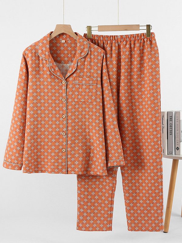 Womens Double-Layer Yarn-Dyed Cotton Long-Sleeve Top And Pants Set