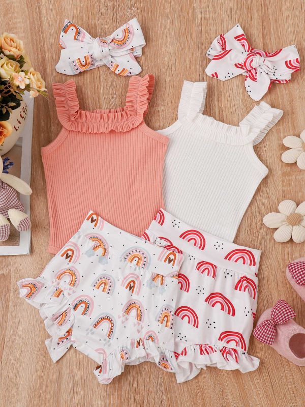 طقم شورت مطبوع عليه خطوط وحزام صدر للبنات