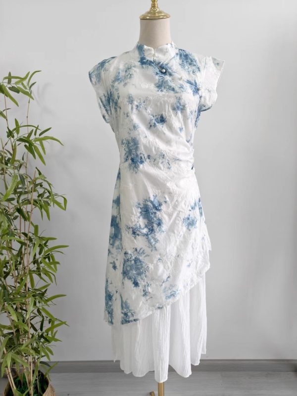 Womens New Chinese-Style Embroidered Tie-Dye Dress With A Stand Collar