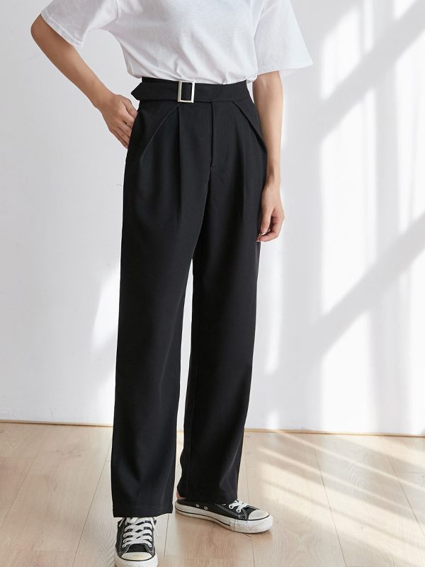 Pure Color Casual Adjustable Folding High Waist Suit Straight Leg Pants Female Korean Version Was Thin Solid Color Straight Leg Pants