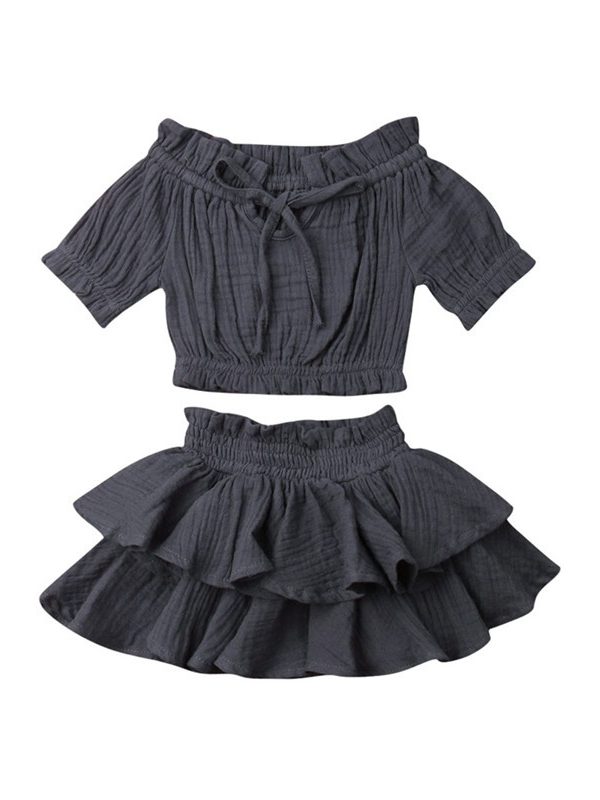 طقم ملابس قطنية للبنات الصغيرات، بتصميم أوروبي وأمريكي، مناسب لفصلي الربيع والخريف، يتألف من بلوزة قصيرة وتنورة مزدوجة.