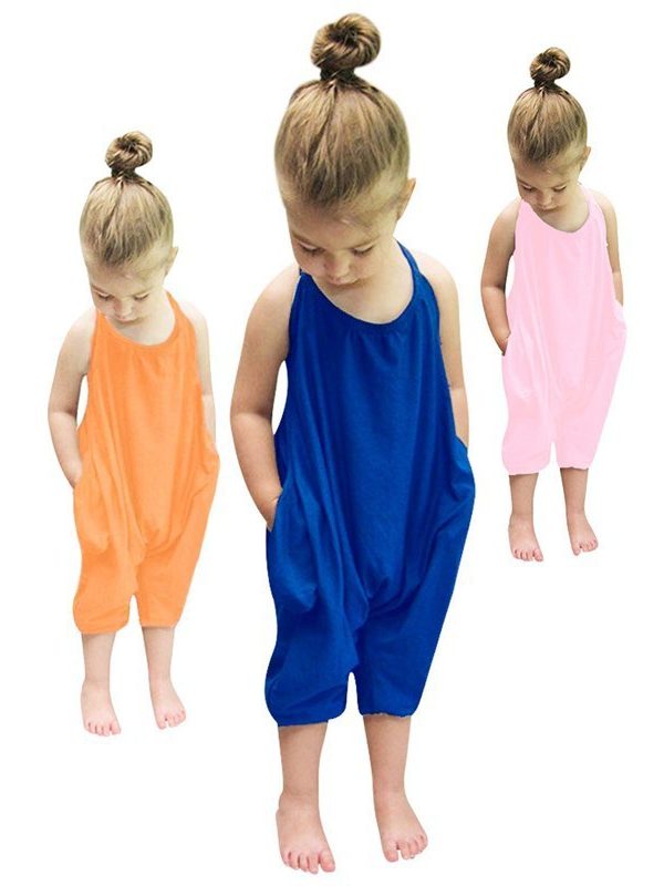 ملابس صيفية عصرية جديدة للأطفال الرضع والفتيات الصغيرات، تتضمن رومبير قطني بحمالات، وبنطال واسع برباط، مناسبة للرياضة والارتداء اليومي.