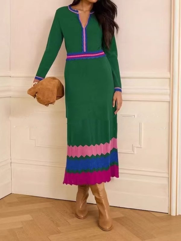 Patchwork V-neck Long Retro Waist-cinched Dress