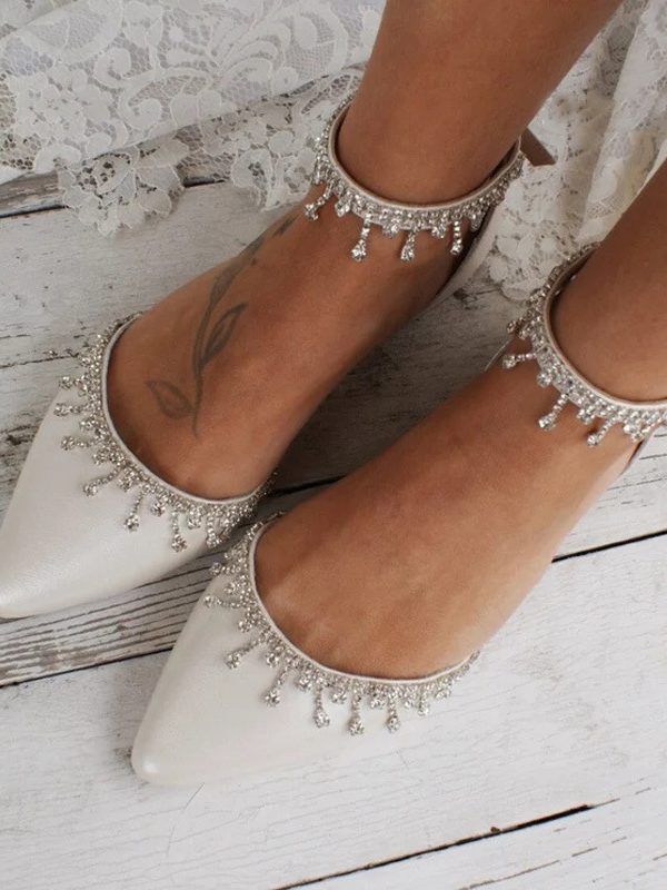 Tassel Rhinestone Decorative White Flat Shoes