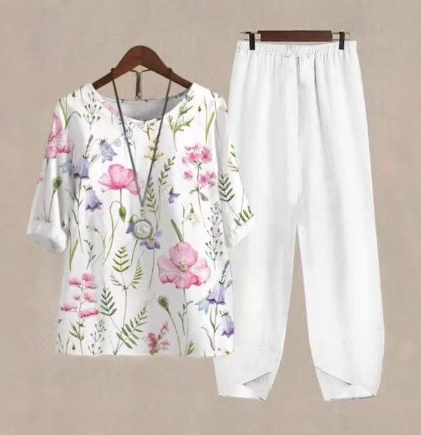 Womens Casual Crew-Neck Cropped-Sleeve Top Set