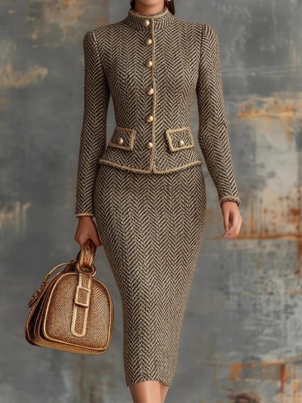 Elegant Herringbone Tweed Trim Skirt Suit For Women