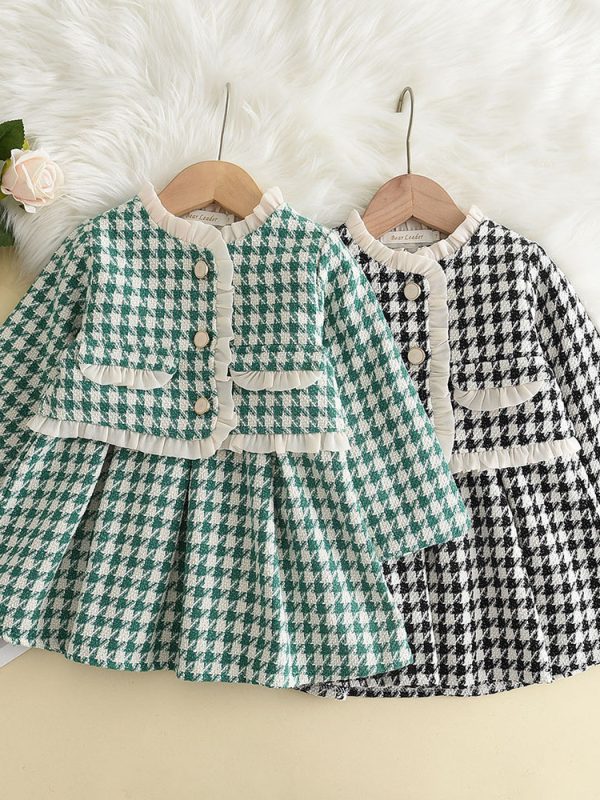 طقم قطعتين جديد للبنات: فستان وتنورة من الدانتيل الشبكي بنقشة ألف طائر