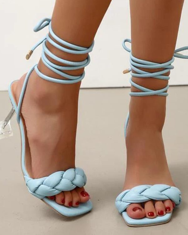 Weave Strappy Sandals Square Toe Stiletto High Heel Shoes Party Pumps