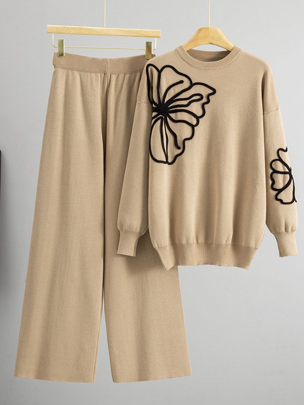 Long-sleeve Floral Sweater And Casual Wide-leg Pants Set