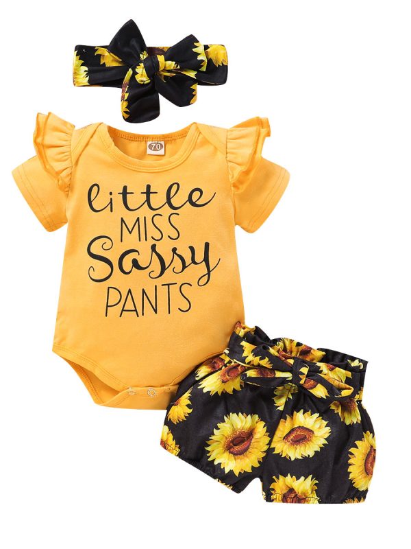 طقم شورت ورومبير للأطفال مطبوع عليه زهرة عباد الشمس