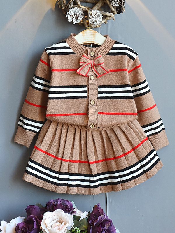 Girls Sweater Knit Striped Pleated Skirt Set