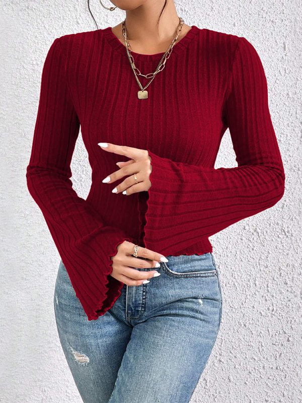 Round-neck Flared Sleeve Wine Red T-shirt Versatile Commuting Top