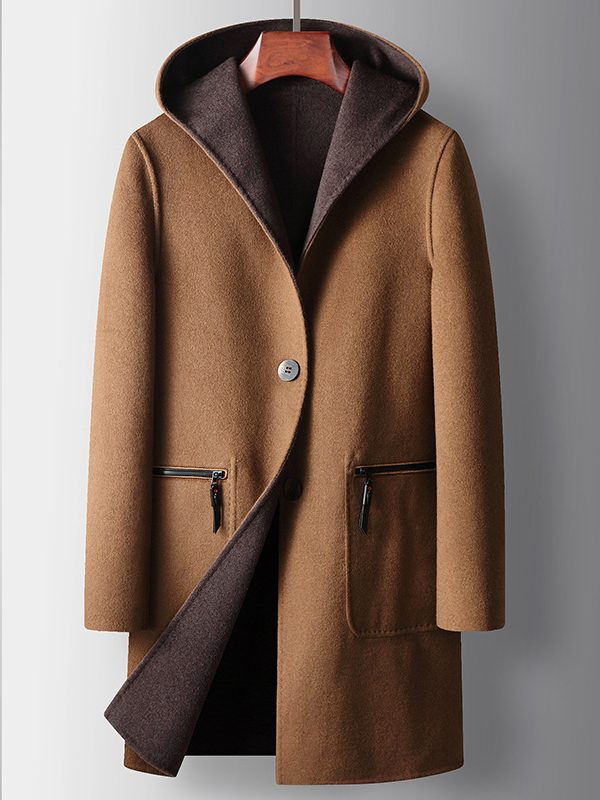 Mens Mid-Length Wool Coat With A Hood Reversible Style
