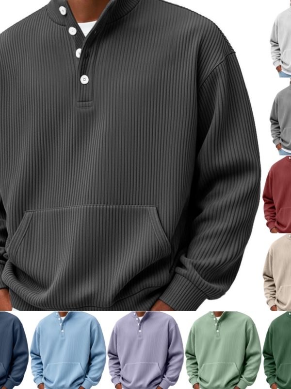 Mens Solid-Color Turtleneck Casual Long-Sleeve Polo Sweatshirt With Pockets For Men Spring Autumn Clothing Loose Button Polo Collar Tees Tops Man Outwear