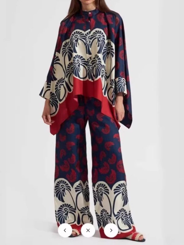 Printed Patchwork Peplum Shirt And Wide-Leg Pants Set