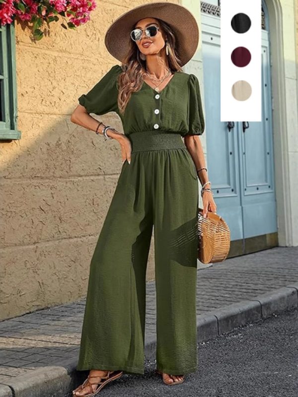 Womens Solid-Color Short-Sleeve Lapel Waist-Cinched Jumpsuit
