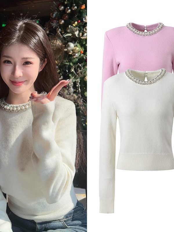 Rhinestone-embellished Crew-neck Cropped Figure-flattering Knit Sweater For Petite Women