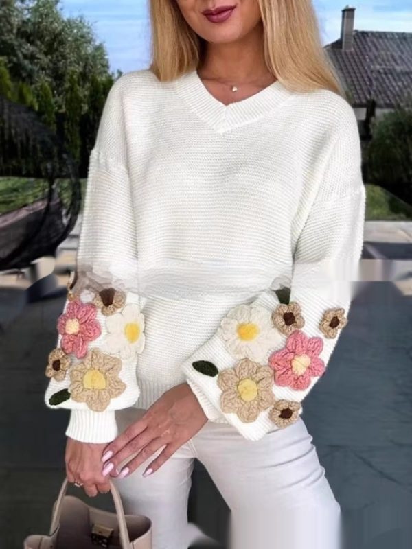 Elegant Knitted Sweater With Colorful Floral Design For Women
