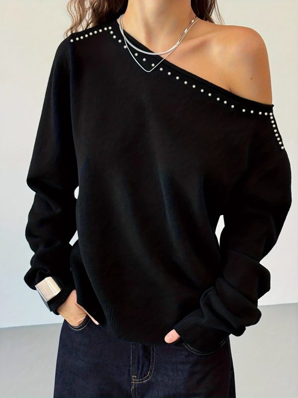 Womens Knitted Top With Rivet-Embellished Slanted Shoulders And Long Sleeves