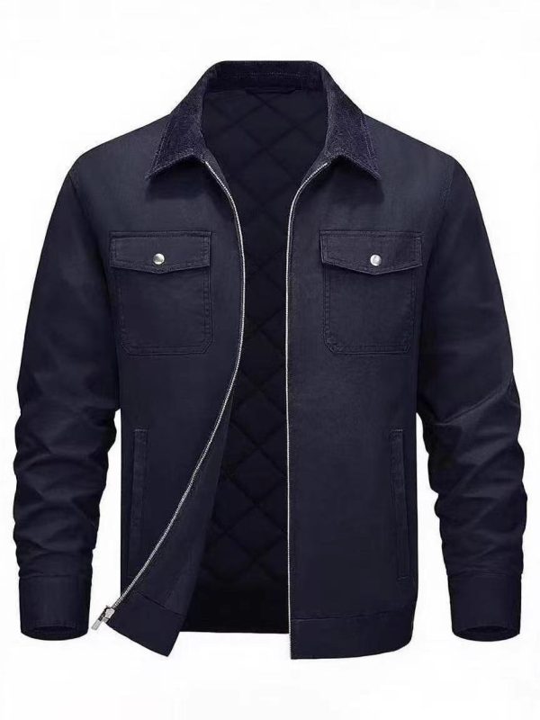 Men's Cotton-padded Clothes Long Sleeve Polo Collar Solid Color Warm Loose Casual