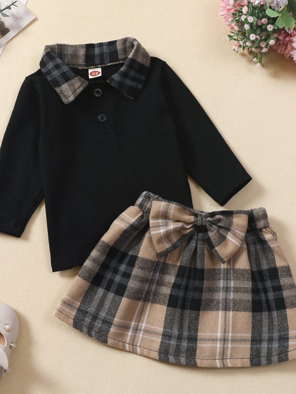 طقم ملابس أطفال جديد: قميص بأكمام طويلة وتنورة كاروهات