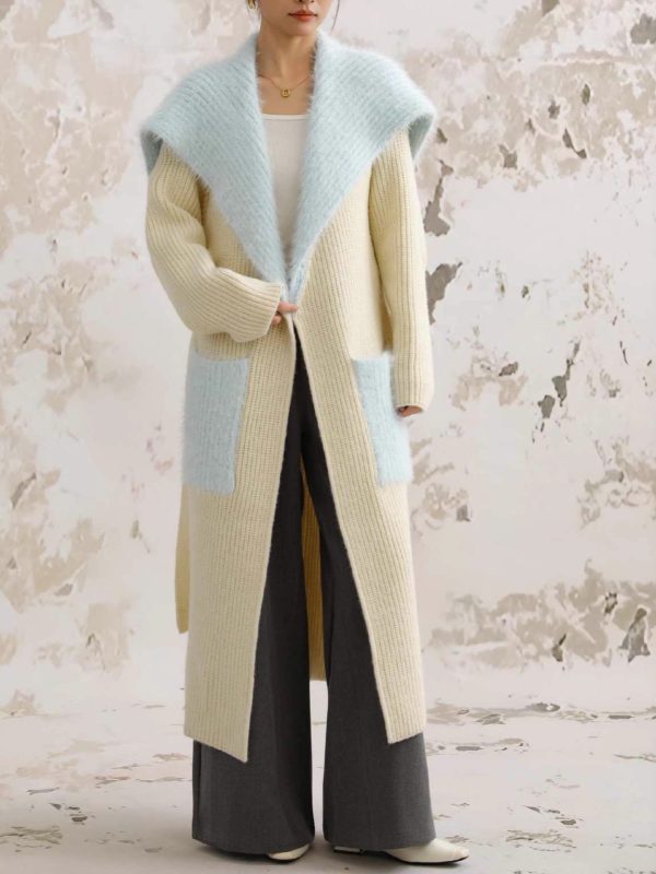 Fur Collar Long Stitching Cardigan Loose Knitted Overcoat Coat