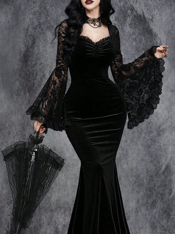 Lace-panelled Cinched-waist Dress With Flared Sleeves