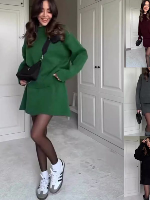 Sweater Skirt Sets For Women 2 Pieces Knit Casual Versatile Long Sleeve Pullover Elegant Solid High Waist Mini Skirt Outfit