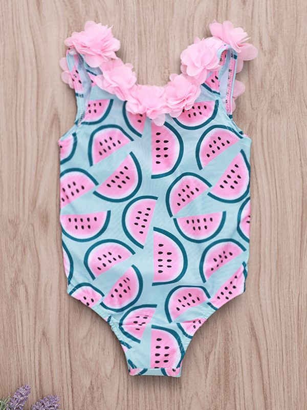 Watermelon Print Petal Lace Girl Swimsuit