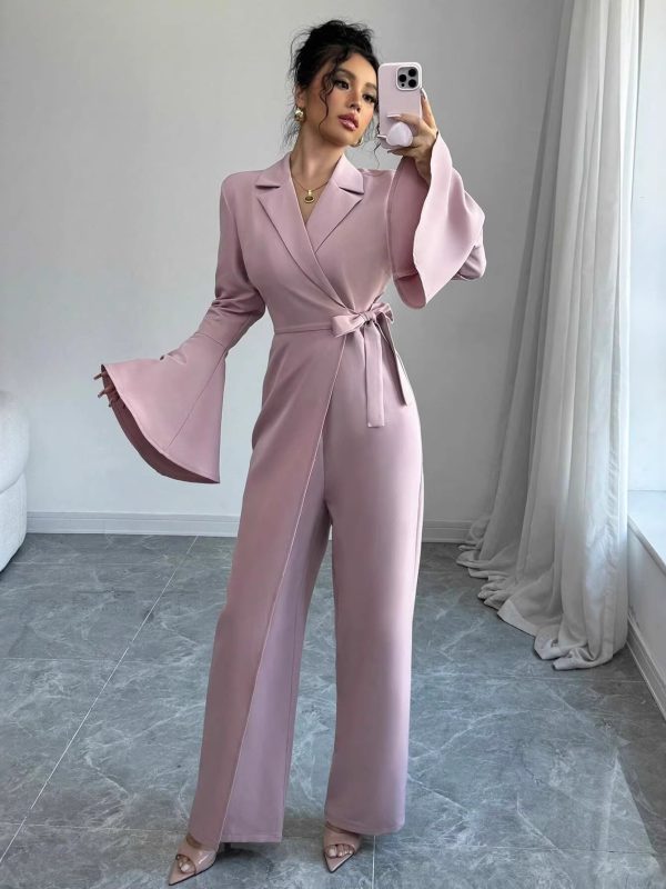 Elegant Solid-color Long-sleeve Flared-sleeve Wide-leg Jumpsuit