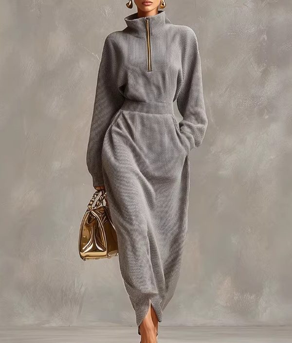 Elegant Casual V-neck Long-sleeve Light Gray Waffle-knit Dress With A Front Zipper