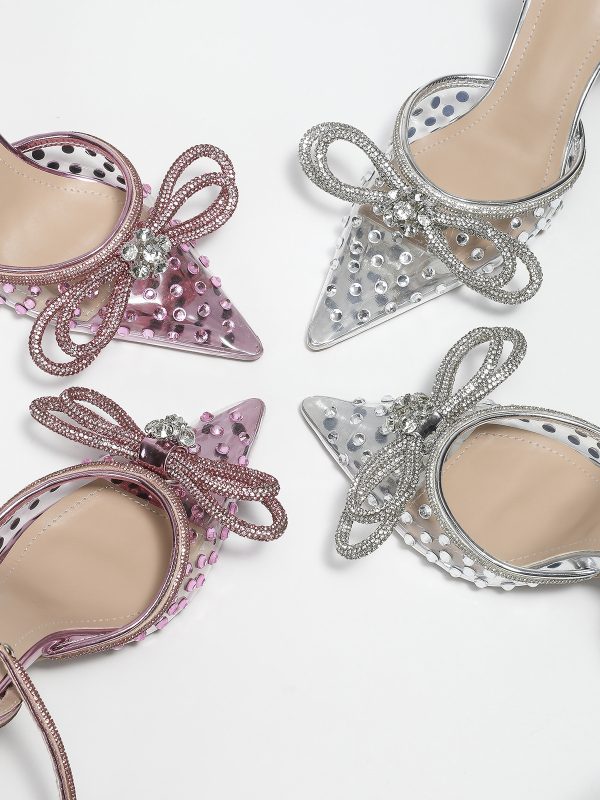 حذاء نسائي صيفي جديد شفاف وردي اللون بكعب عالٍ مزين بفيونكة