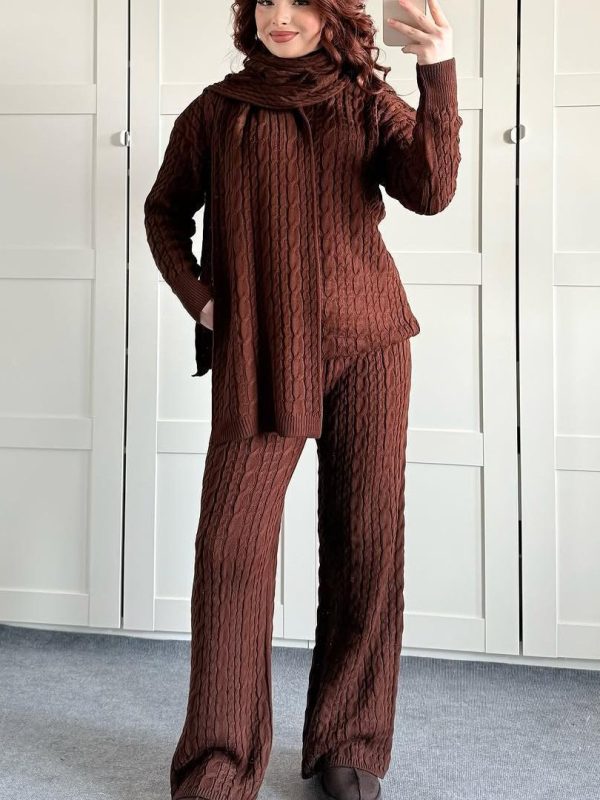 Warm Casual Neck Warmer Top And Pants Sweater Set