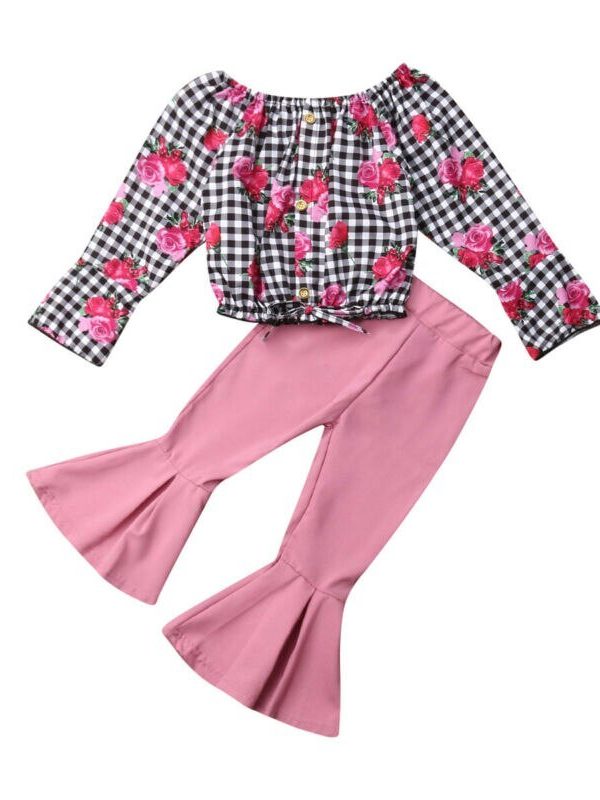 ملابس بنات، سراويل واسعة الأكمام طويلة بنقشة مربعات للأطفال بمقاسات صغيرة ومتوسطة