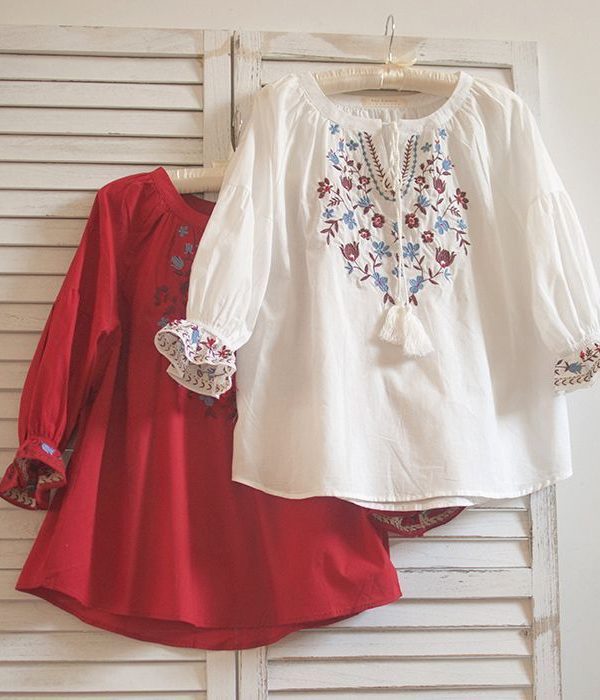 Womens Embroidered Lace-Trimmed Collar Puff-Sleeve TopBlouse