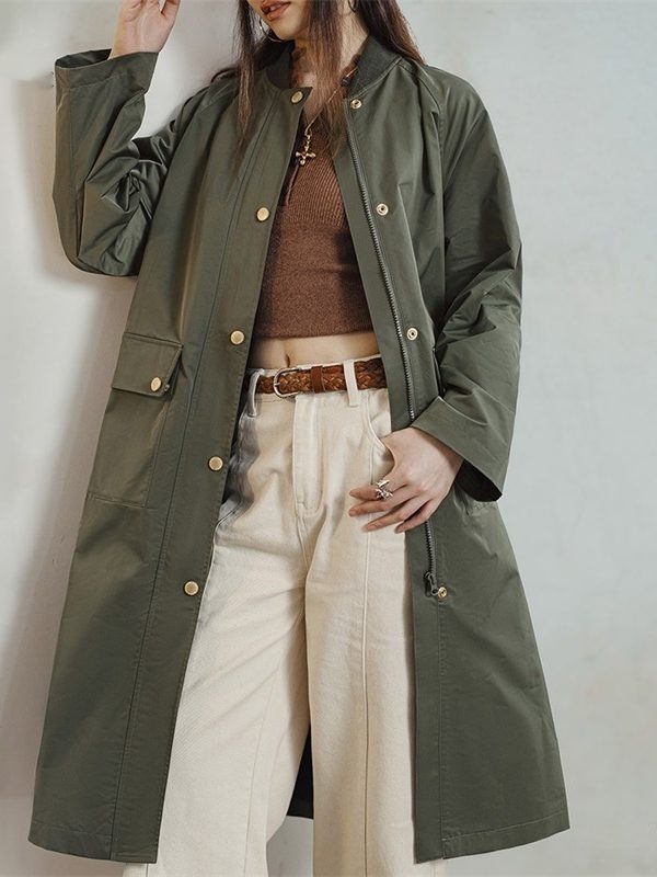 Retro Olive Green Loose Flip Pocket Trench Coat