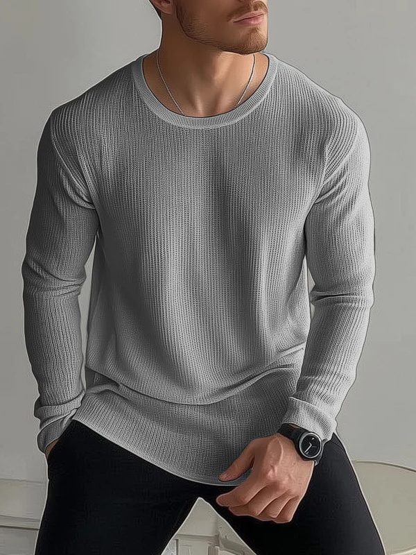 Cross-border European And American Men's Long-sleeve Waffle-knit Solid-color T-shirt