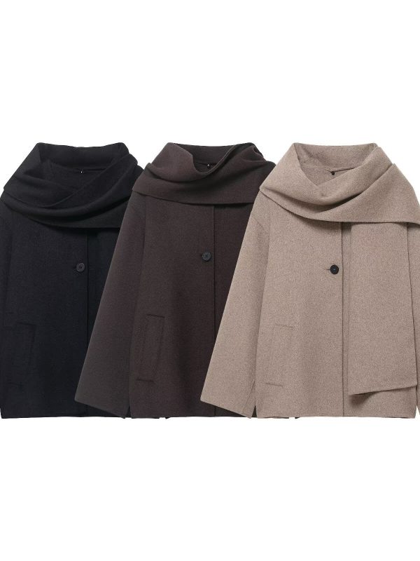 Wool Solid Color Loose Fit Scarf Short Coat Jacket