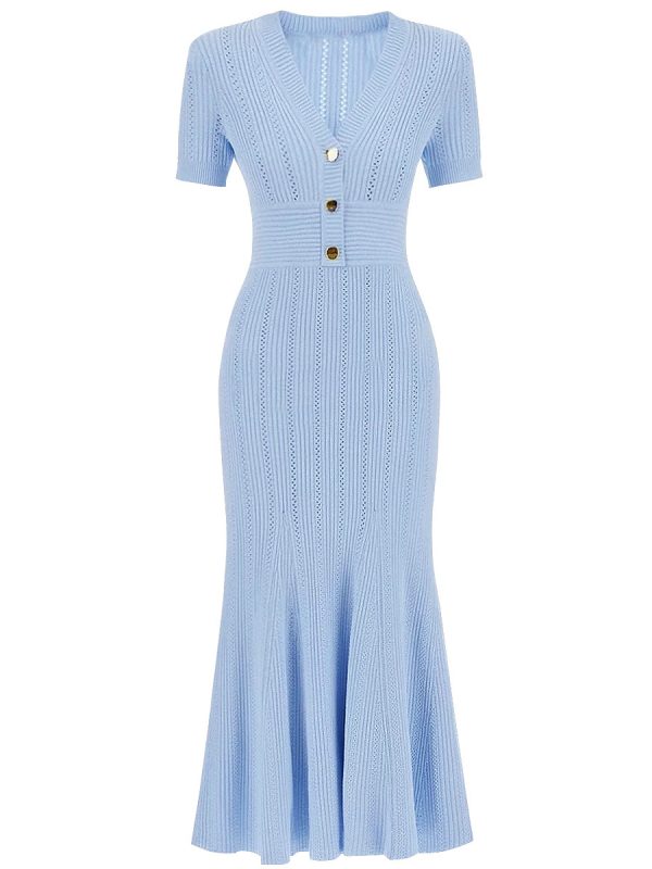 V-neck Knitted Versatile Slimming Mermaid Maxi Dress
