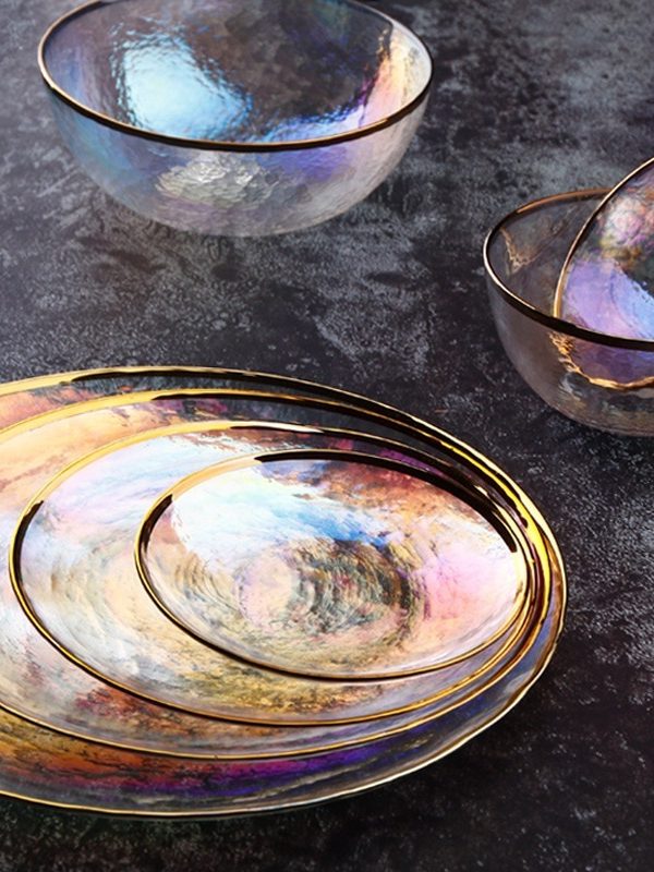 Rainbow Ion Plated Hammer Pattern Glass Plate Bowl Fruit Plate Bowl Set