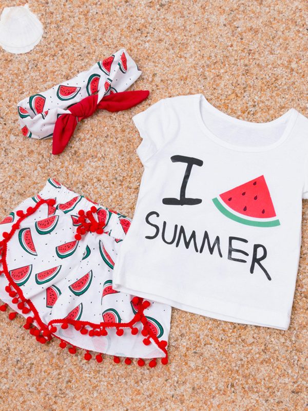 Summer Baby Girl Beach Short-sleeved T-shirt Shorts Hairband Set