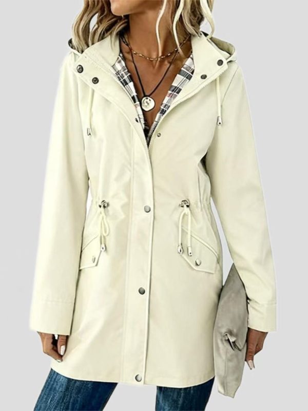 Ladies Hooded Drawstring Nipped-waist Plaid Coat