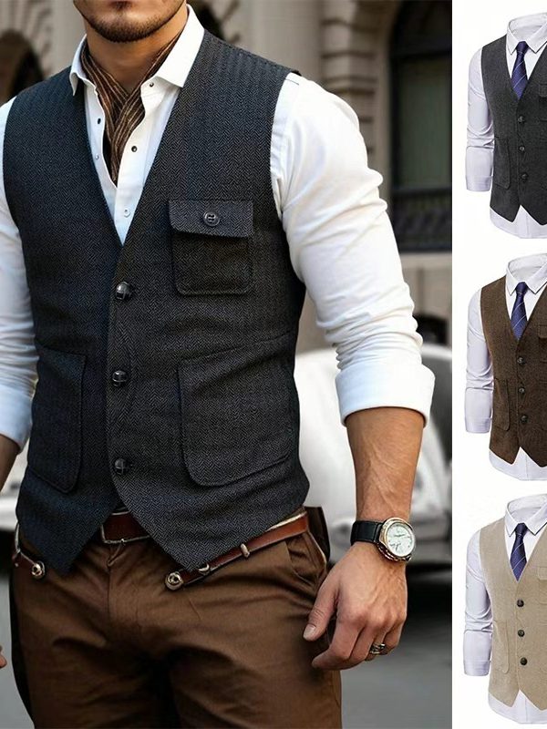 Mens Single-Breasted Suit Vest Casual Business Jacket