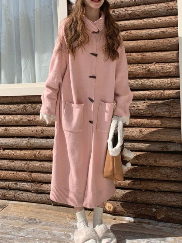 Horn Button Sweater Cardigan Women's Mid-length Turn-down Collar Coat