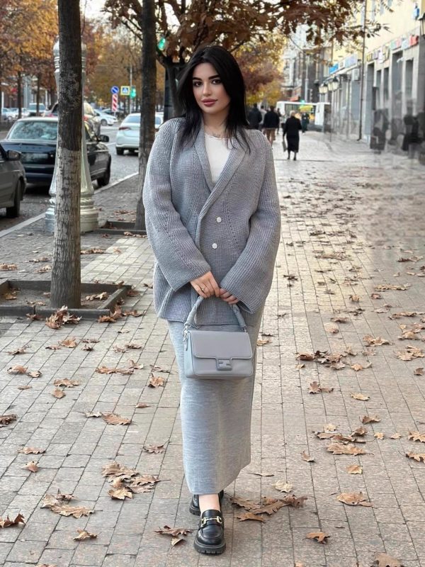 New Double-breasted Button Sweater Jacket And Sheath Skirt Set